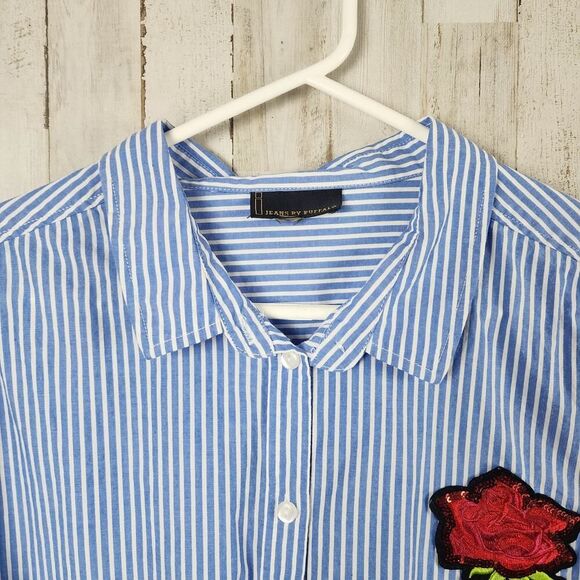 Jeans by Buffalo Striped Floral Button-Down Shirt Blue Red Size Large - Picture 4 of 9